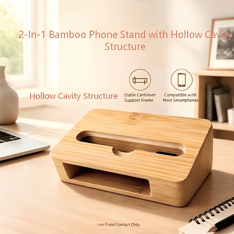 Home Office Contact - Support de téléphone en bambou amplificateur